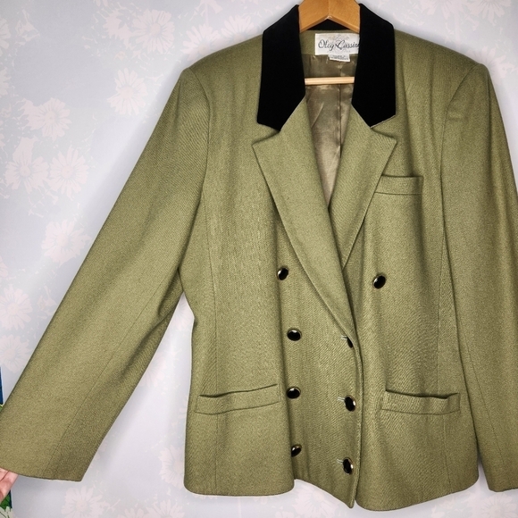 Vintage 80s Double Breasted Velvet Collar Khaki Neutral Blazer Jacket - Picture 7 of 9